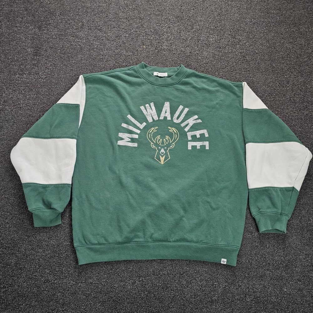 47 Brand Milwaukee Bucks Sweatshirt Mens Small Green Cream Colorblock Crewneck